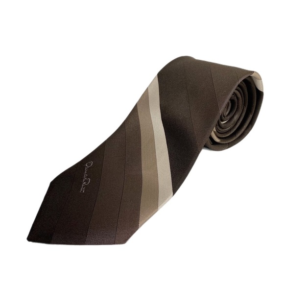 Oscar De La Renta Vintage Foulard Silk Striped Brown Neck Tie - Picture 1 of 5